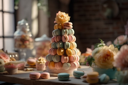 Colorful macaroons on a cake stand in a bakery.の素材