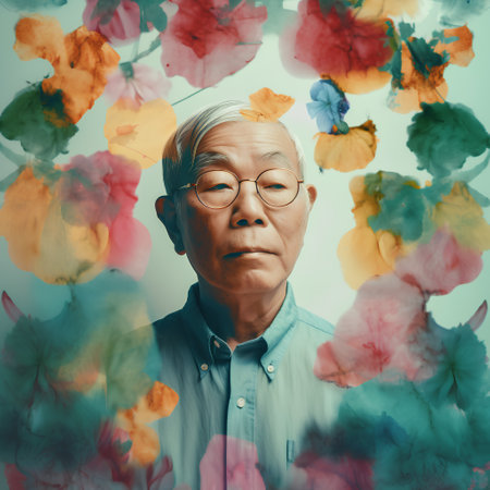 Portrait of senior asian man with colorful blossom background.の素材