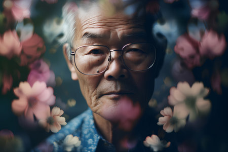 Portrait of an old Asian man with flowers in the background.の素材