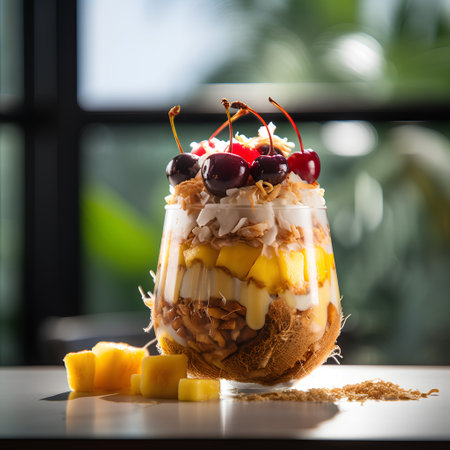 dessert with mango, cherry and granola in a glass jarの素材