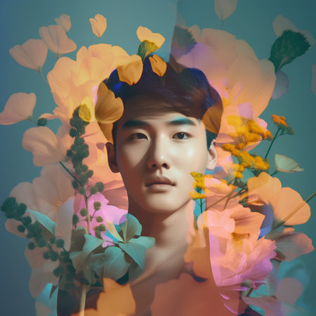 Fashion portrait of young asian man with flowers in her hairの素材