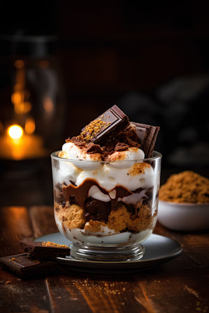 Classic tiramisu dessert in a glass on a dark wooden backgroundの素材