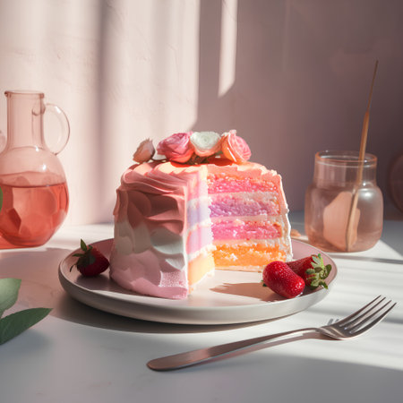 Cake with cream and strawberry on a white table in sunlight.の素材