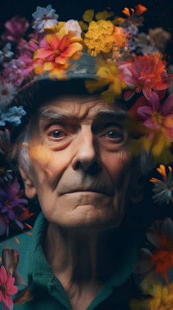 Portrait of an old man with flowers. Photo in old color image style.の素材