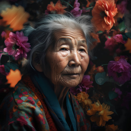 Portrait of old asian woman with flowers in the background.の素材
