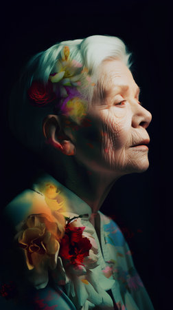 Portrait of an elderly woman with flowers in her hair. Photo in old color image style.の素材