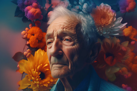 Portrait of an elderly man with flowers. Photo in old color image style.の素材