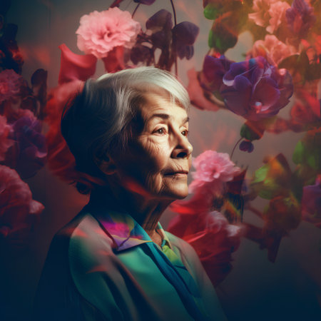 Portrait of an old woman with flowers. Photo in old color image style.の素材