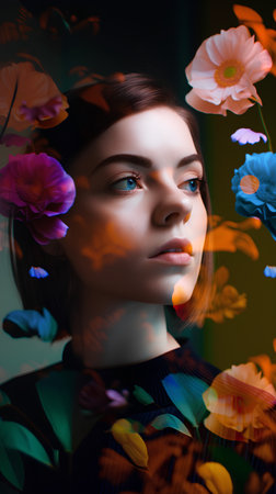 Portrait of a beautiful girl with flowers in her hair. Beauty, fashion.の素材