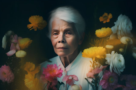 Portrait of an elderly woman among flowers on a dark background.の素材