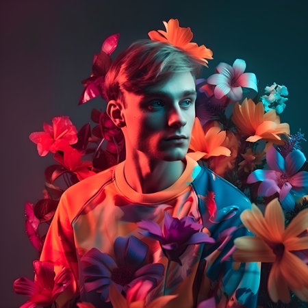 Portrait of a handsome young man with flowers. Studio shot.の素材