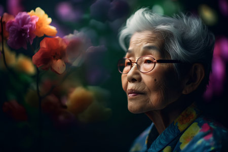 Portrait of asian senior woman with eyeglasses and flowersの素材