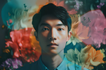Portrait of a young handsome asian man with flower background.の素材