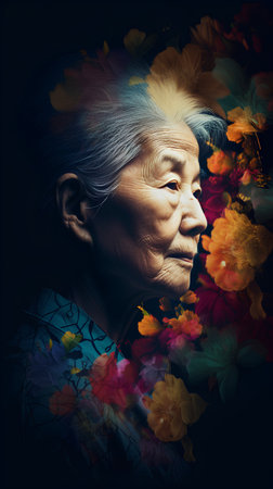 Portrait of asian senior woman with flowers on dark background.の素材