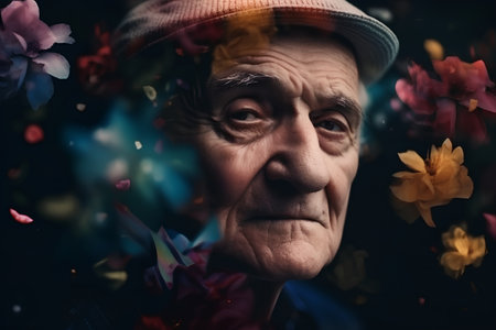 Portrait of an elderly man with flowers. Photo in old color image styleの素材