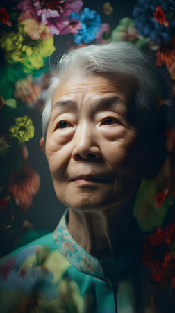 Portrait of an elderly asian woman with flowers on a dark backgroundの素材