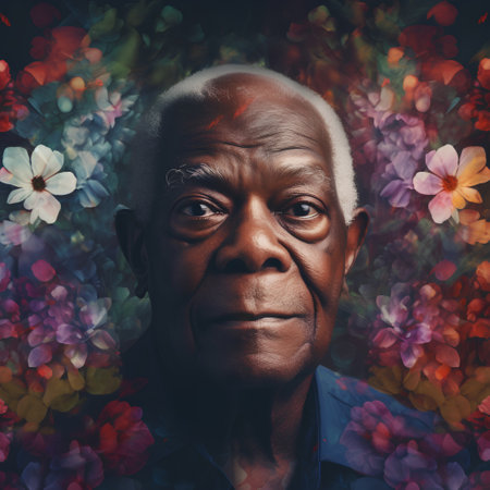 Portrait of an elderly African-American man on a background of flowers.の素材