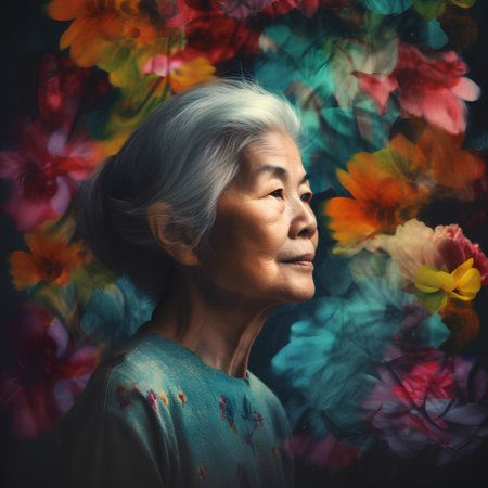 Portrait of an elderly asian woman with flowers in the backgroundの素材