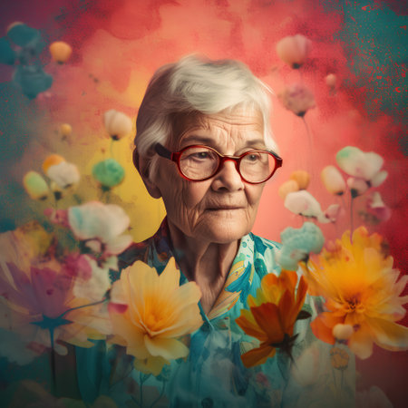 Portrait of beautiful senior woman with flowers on grunge background.の素材