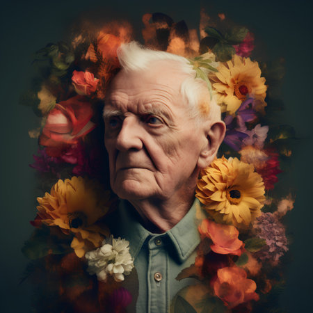 Portrait of an old man with flowers on a dark background.の素材