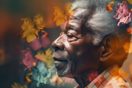 Portrait of a senior African American man with colorful autumn leaves.の素材