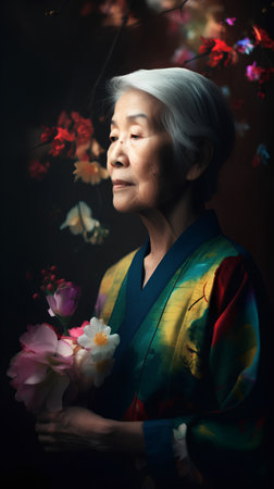 Portrait of an elderly Asian woman with a bouquet of flowersの素材