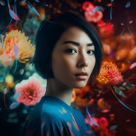 Portrait of a beautiful Asian woman with flowers in her hair.の素材