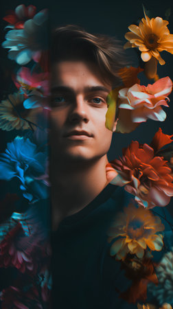 Portrait of a handsome young man with flowers on a dark background.の素材