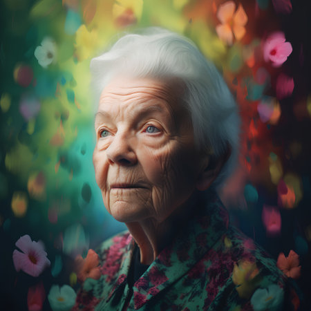 Portrait of beautiful senior woman with flowers. Photo in old color image styleの素材