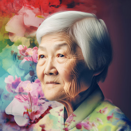 Portrait of an old woman with flowers on a grunge backgroundの素材