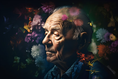 Portrait of an old woman with flowers on a dark background.の素材