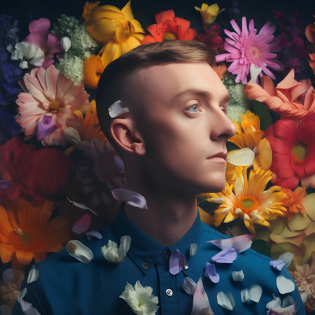 Portrait of a handsome young man among flowers. Studio shot.の素材