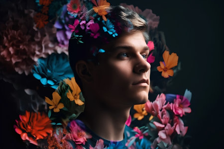 Portrait of beautiful young woman with flowers on her head over dark backgroundの素材