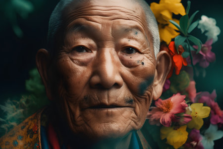 Portrait of an old asian man with flowers in his hairの素材