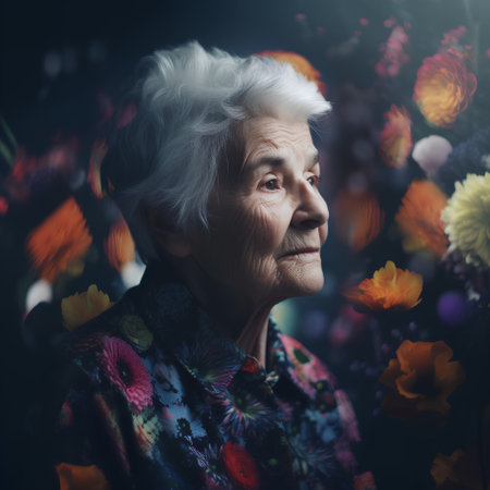 Portrait of a beautiful senior woman with flowers in her garden.の素材
