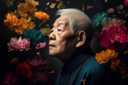 Portrait of an old asian man with flowers in the backgroundの素材