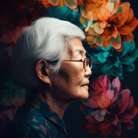 Portrait of a beautiful senior asian woman with flowers in her hairの素材