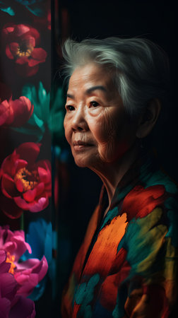 Portrait of an elderly asian woman looking at the camera with flowers in the backgroundの素材