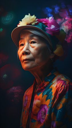 Portrait of an elderly Asian woman in a hat with flowers.の素材