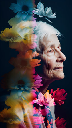 Portrait of beautiful senior woman with flowers. Photo in old color image styleの素材