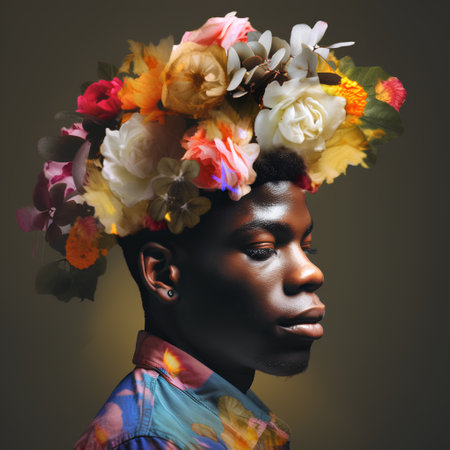 Portrait of a beautiful african american woman with flowers in her hairの素材