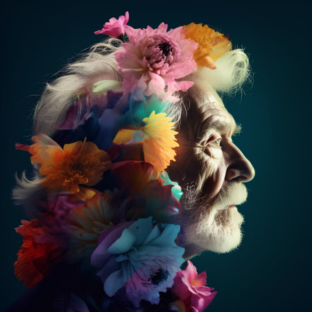Portrait of an old man with flowers on his head. Studio shot.の素材