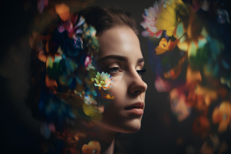 Portrait of beautiful young woman with creative make-up and flowers.の素材