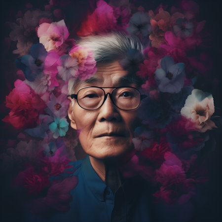Portrait of an elderly asian woman with flowers in the backgroundの素材