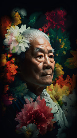 Portrait of an old Asian man with flowers on a black backgroundの素材