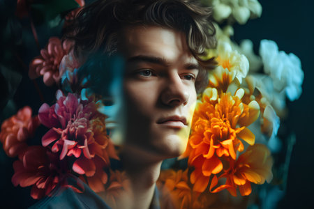 Portrait of a handsome young man with flowers on a dark backgroundの素材