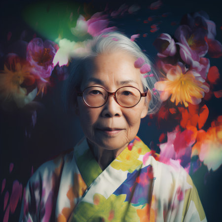 Portrait of asian senior woman with flower petals on dark backgroundの素材