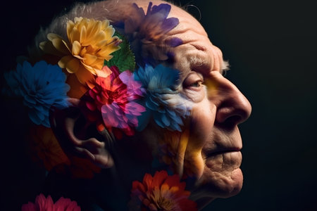 Portrait of an old man with colorful flowers on his face.の素材