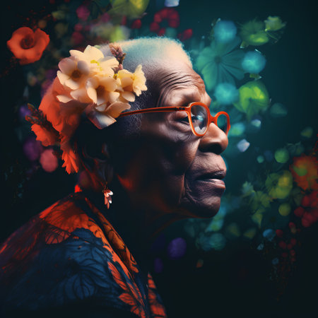 Portrait of an elderly African woman with flowers in her hair.の素材