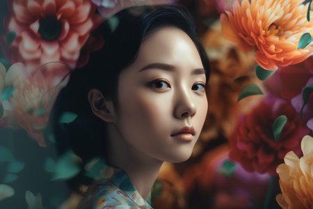 Beautiful asian woman with flower background, asian beauty conceptの素材